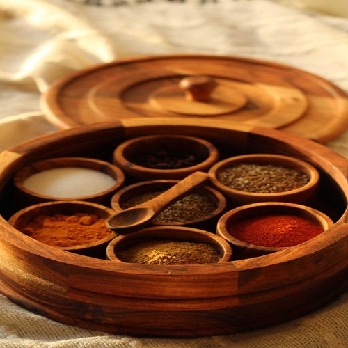 9 Inch RAcacia Wood Spice Box / with 7 Container
